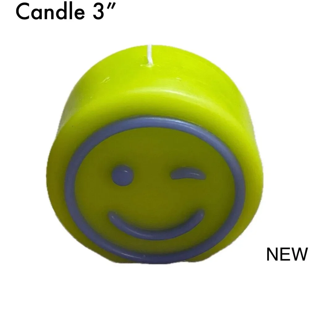 Smiley Face Winking Emoji Lime Green Round Pillar Candle 3